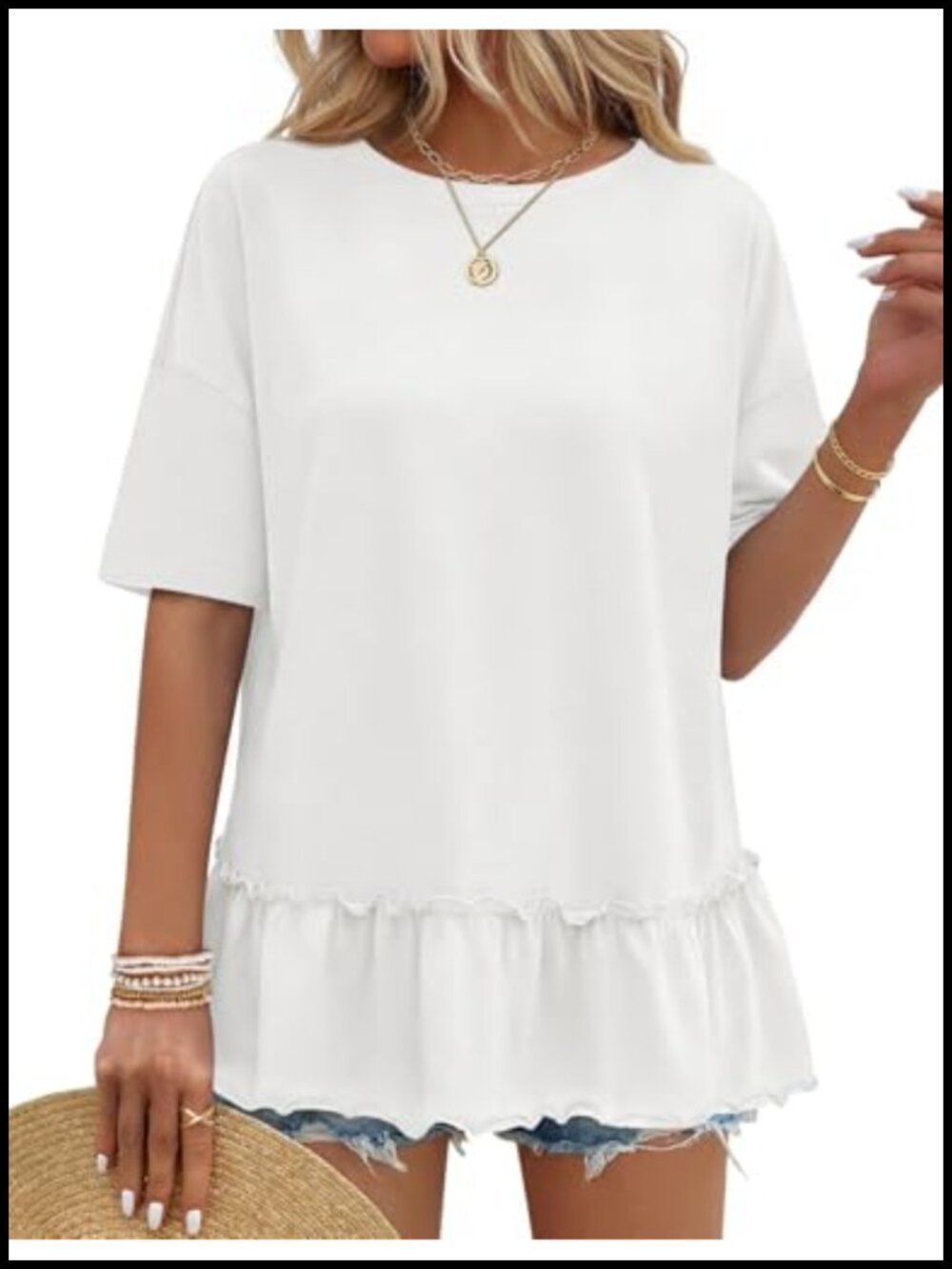 Women's Short Sleeve Peplum Tunic Top Ruffle Hem Casual Blouse
